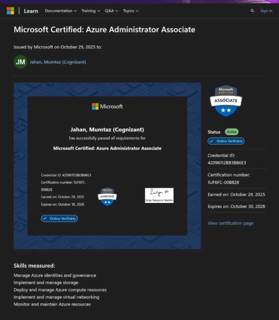 Microsoft Certified Azure Administrator Associate certificate